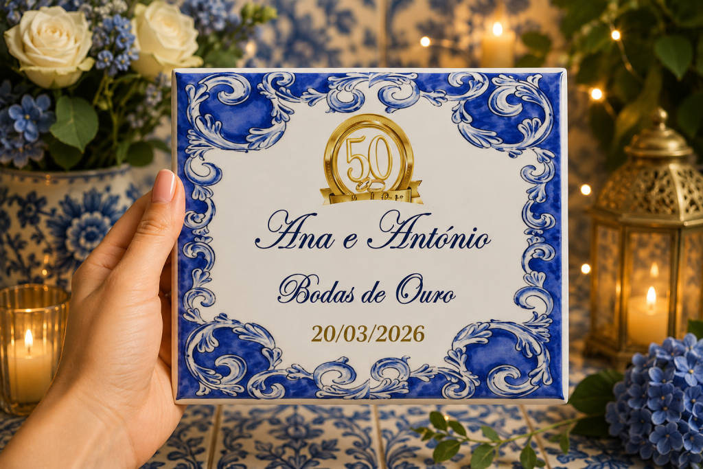 Lembranças bodas de ouro azulejos magnéticos